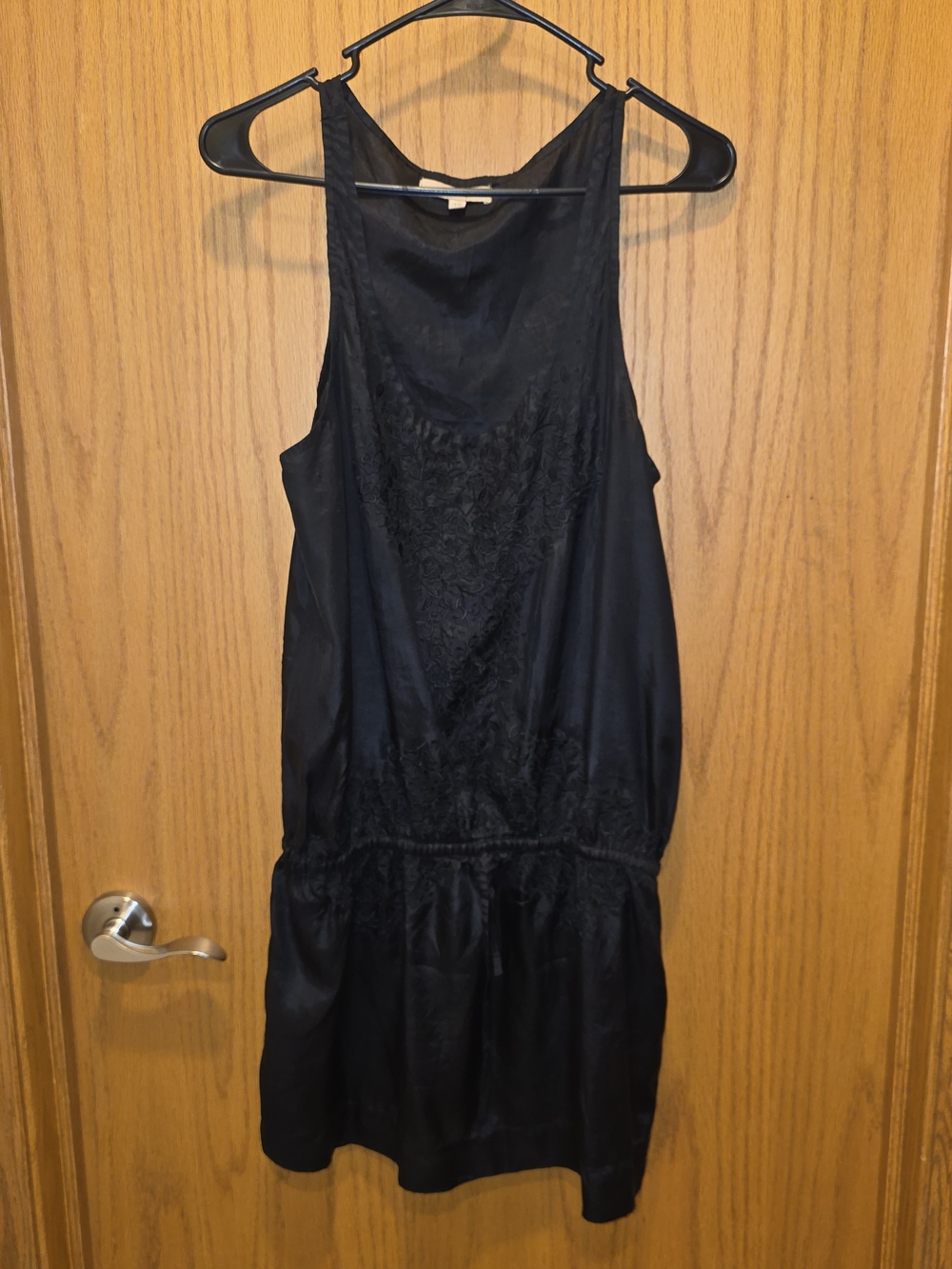 100% Silk Sleeveless Black Mini Dress/Tunic with Lace-Front Detail